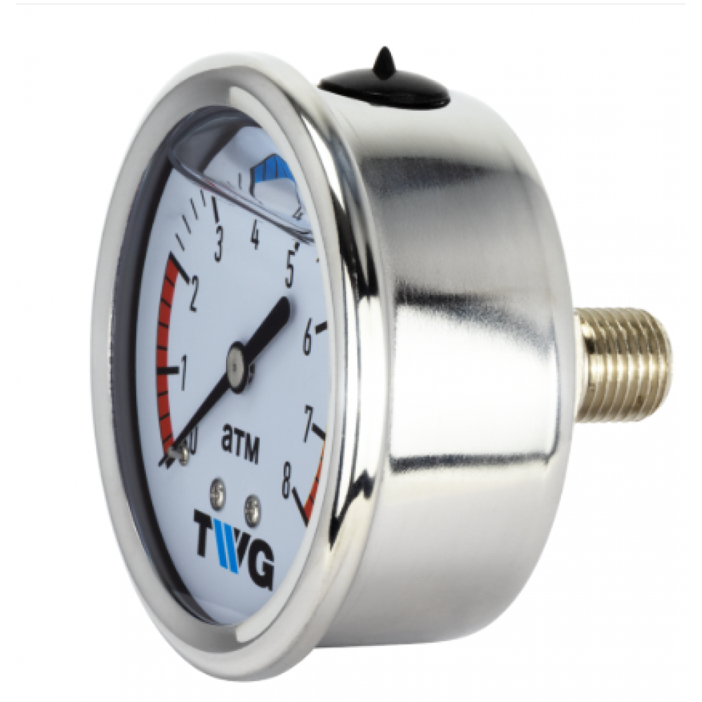 Манометр гидрозаполненный аксиальный 0-8 бар 63мм 1/4" TWG PG 0-8-014C R 