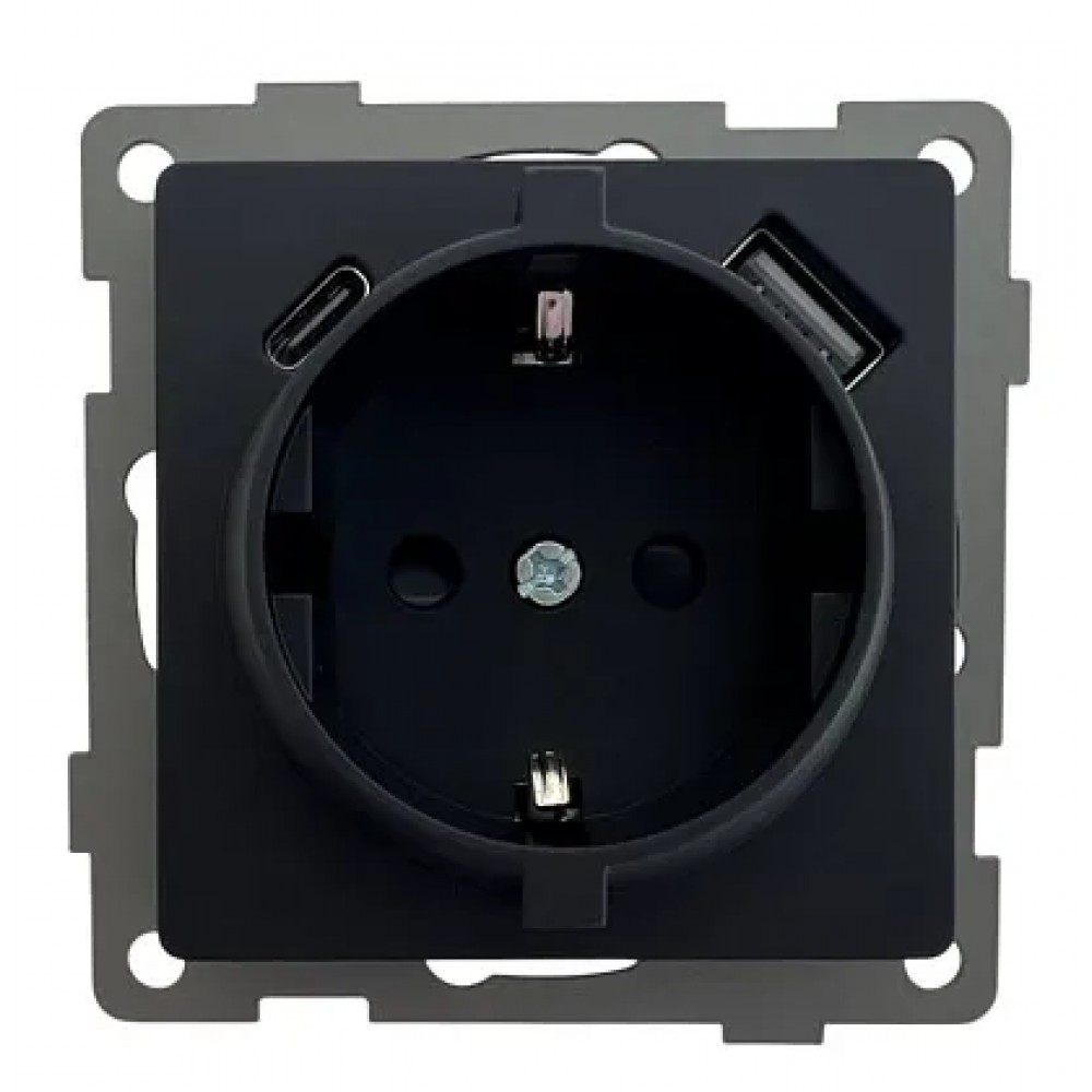 Розетка 1-я с/з с шторками с USB и TYPE C (5В, 2.1А) чёрная U2B-011 SoftTouch AWS