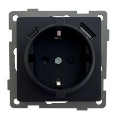 Розетка 1-я с/з с шторками с USB и TYPE C (5В, 2.1А) чёрная U2B-011 SoftTouch AWS