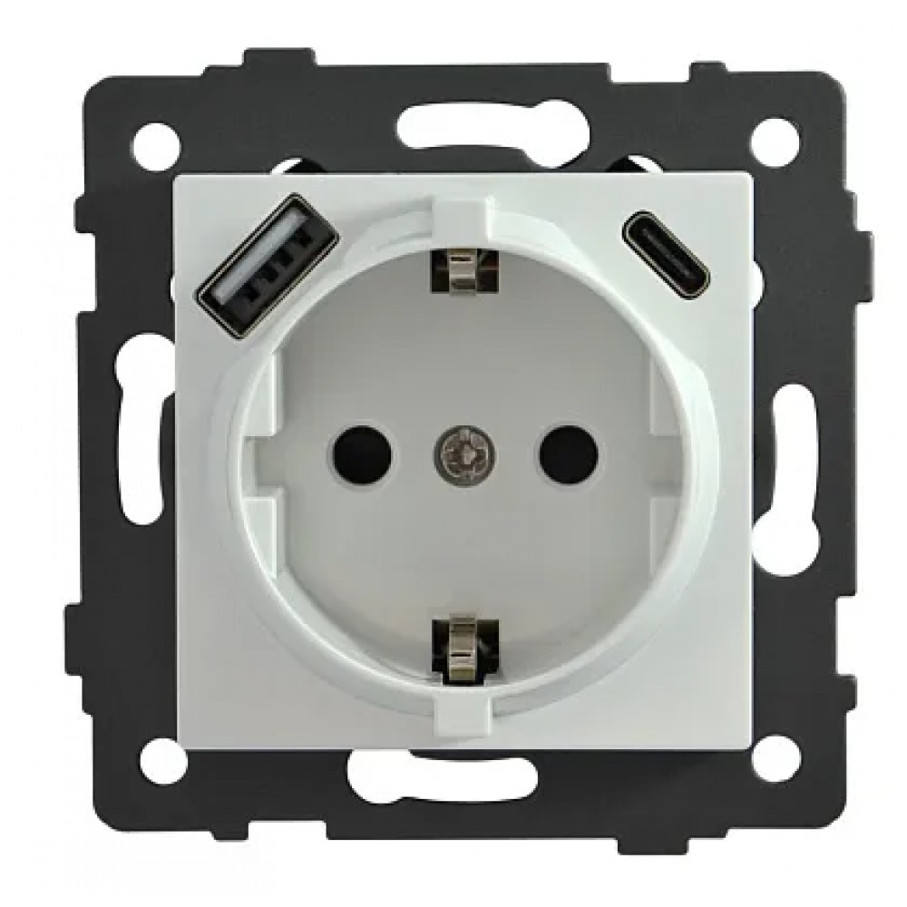 Розетка 1-я с/з с шторками с USB и TYPE C (5В, 2.1А) белая A-026W AWS