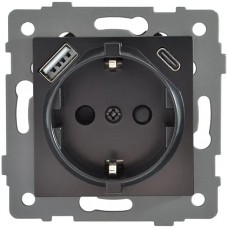 Розетка 1-я с/з с шторками с USB и TYPE C (5В, 2.1А) чёрная A-026B AWS