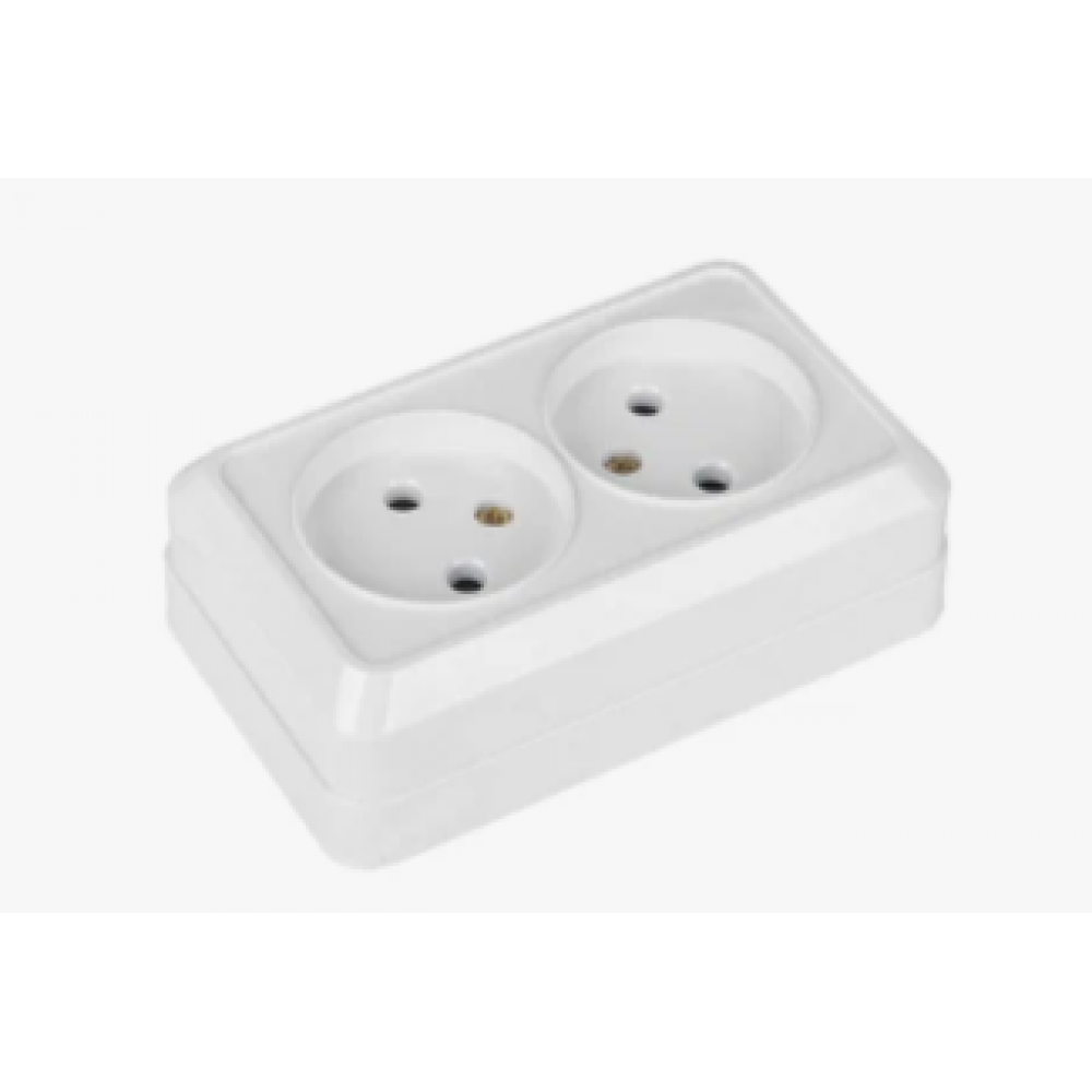 Розетка двойная 2П открытой установки IP20 10А 250В (керамика) белая  "Альфа" General, 477008