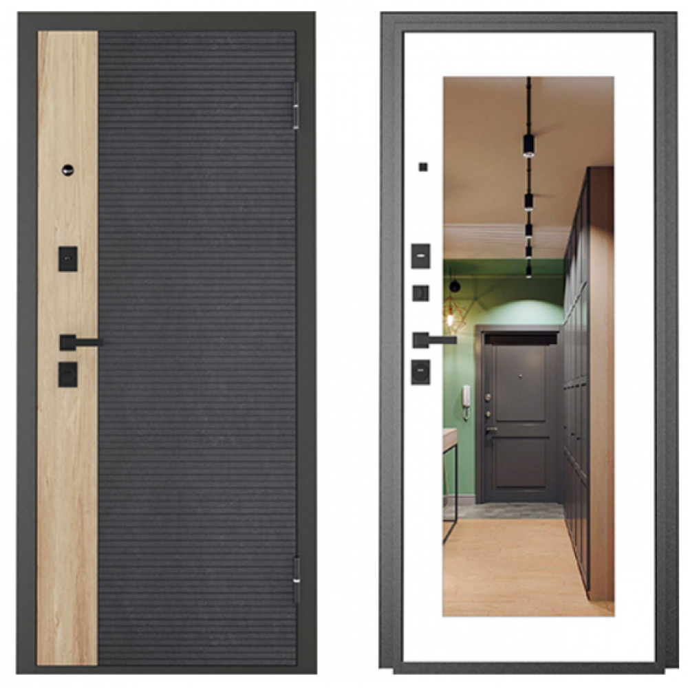 Дверь метал. РОНА Комбо Зеркало арктик чёрный муар 2050*860мм левая