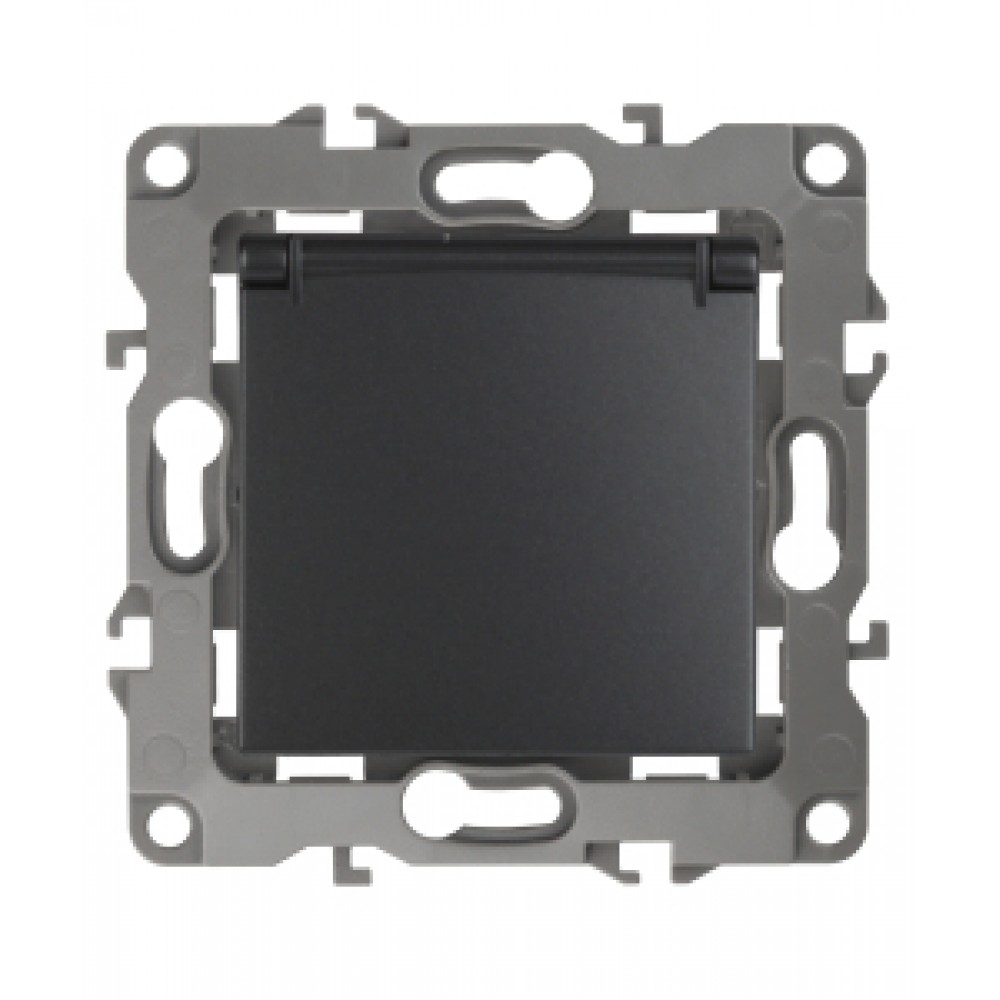 Розетка 1-я с/з с крышкой скрытой установки антрацит без рамки/лапок Эра12 12-2103-05
