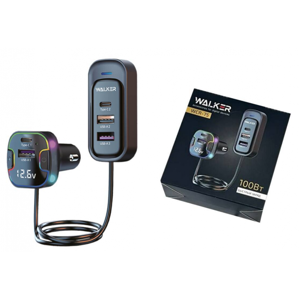 Сетевое зарядное устройство WALKER  WCR-75,100Вт, с удлинителем 1.5м, Type-Cx2, USBx3