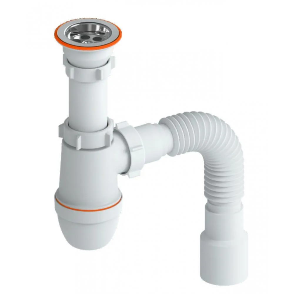 Сифон для мойки бутылочный 1 1/2 х 40 с нерж. чашкой малый корпус и гибкой трубой РМС СУ-02