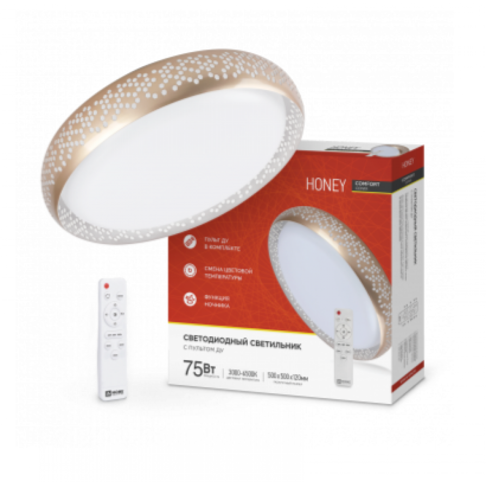 Светильник потолочный  светодиодный COMFORT HONEY 75Вт 230В 3000-6500К 6000Лм 500х120мм с ПДУ