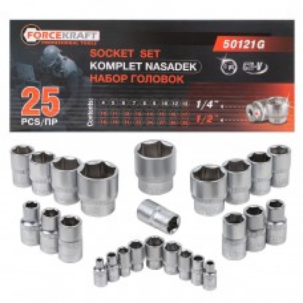 Набор насадок 1/4",1/2" 25 предмет FK-50121G 57683 Набор насадок 1/4",1/2" 25 предмет FK-50121G 57683