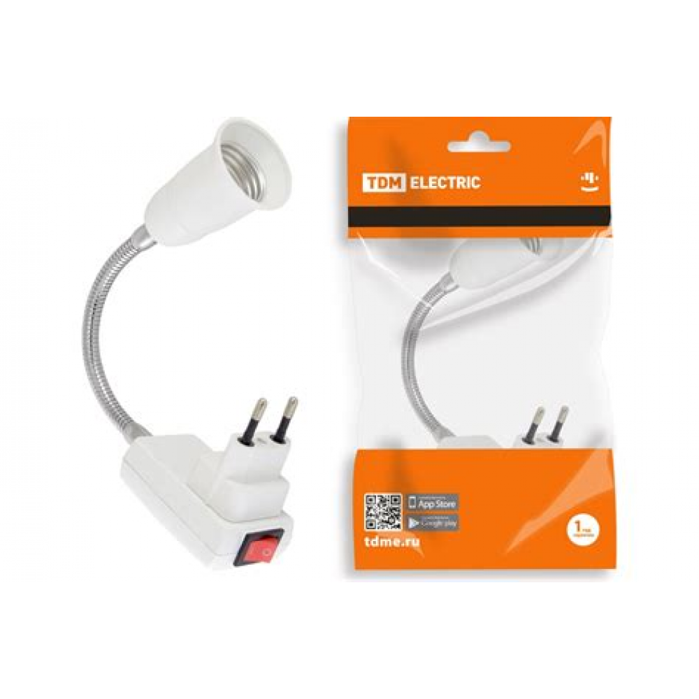 Вилка-переходник Е27 гибкий 300 мм с выключателем, белый Вилка-переходник Е27 гибкий 300 мм с выключателем, белый