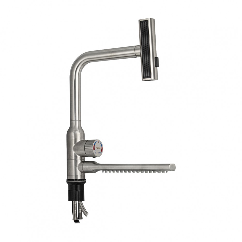 Смеситель для кухни Г-образный с поворотной вытяжной и горизонт. каскадной лейкой сатин 9135