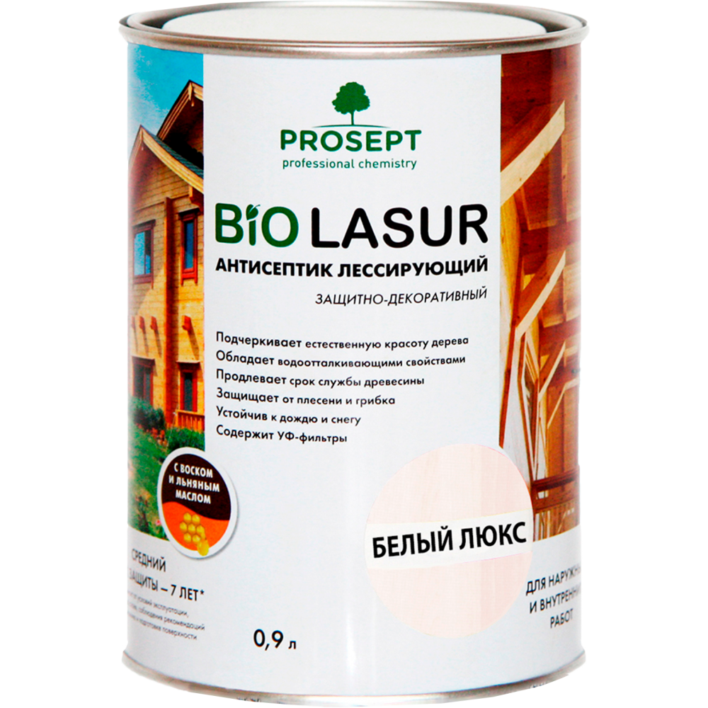Лак- Антисептик лессирующий защитно-декоративный Белый Люкс PROSEPT BIO LAZUR 0.9л (032-09)