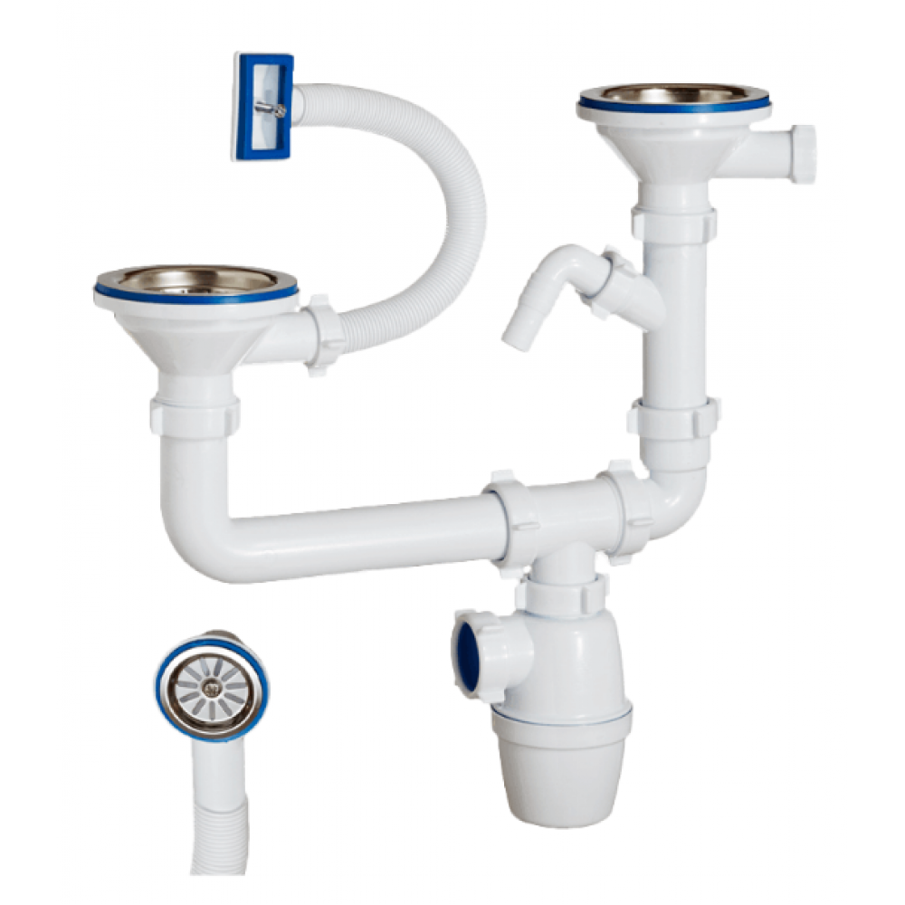 Сифон для мойки бутылочный двойной 3 1/2 х 40 разноуровневый с одним отводом и переливом (К-40093)