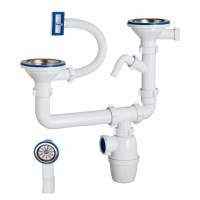 Сифон для мойки бутылочный двойной 3 1/2 х 40 разноуровневый с одним отводом и переливом (К-40093)