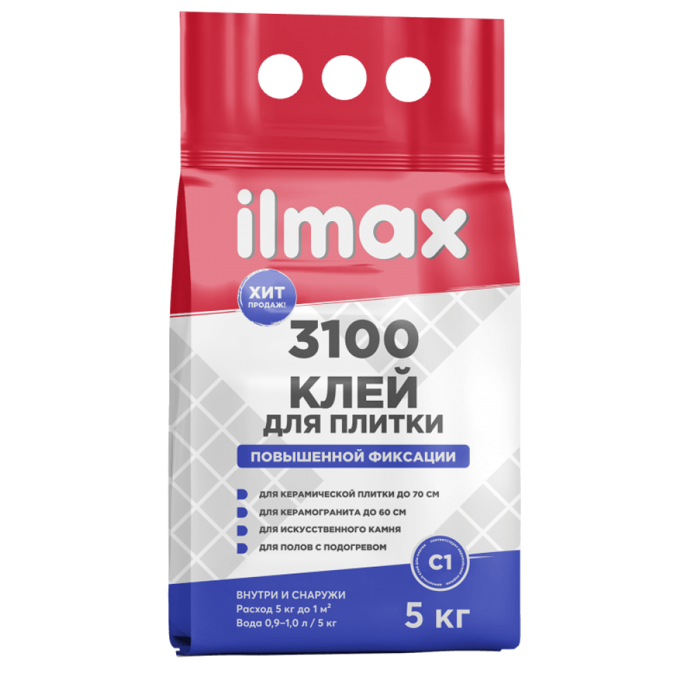 Клей для плитки повышенной фиксации ILMAX 3100 (для теплых полов) мешок  5кг 20м/пал