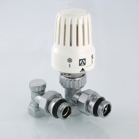 Кран радиаторный термостатический угловой + кран обратки + головка термостатическая Д=15